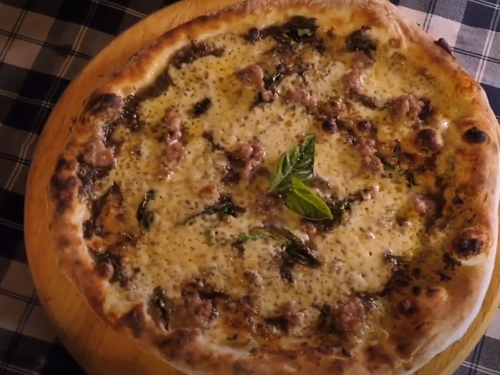 Truffle Pizza with Mozzarella, Basil, Pork Sausage, Truffle Cream