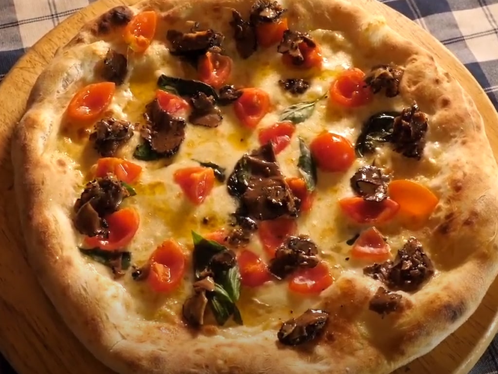 Truffle Pizza with Summer Truffle Slices, Cherry Tomatoes, mozzarella