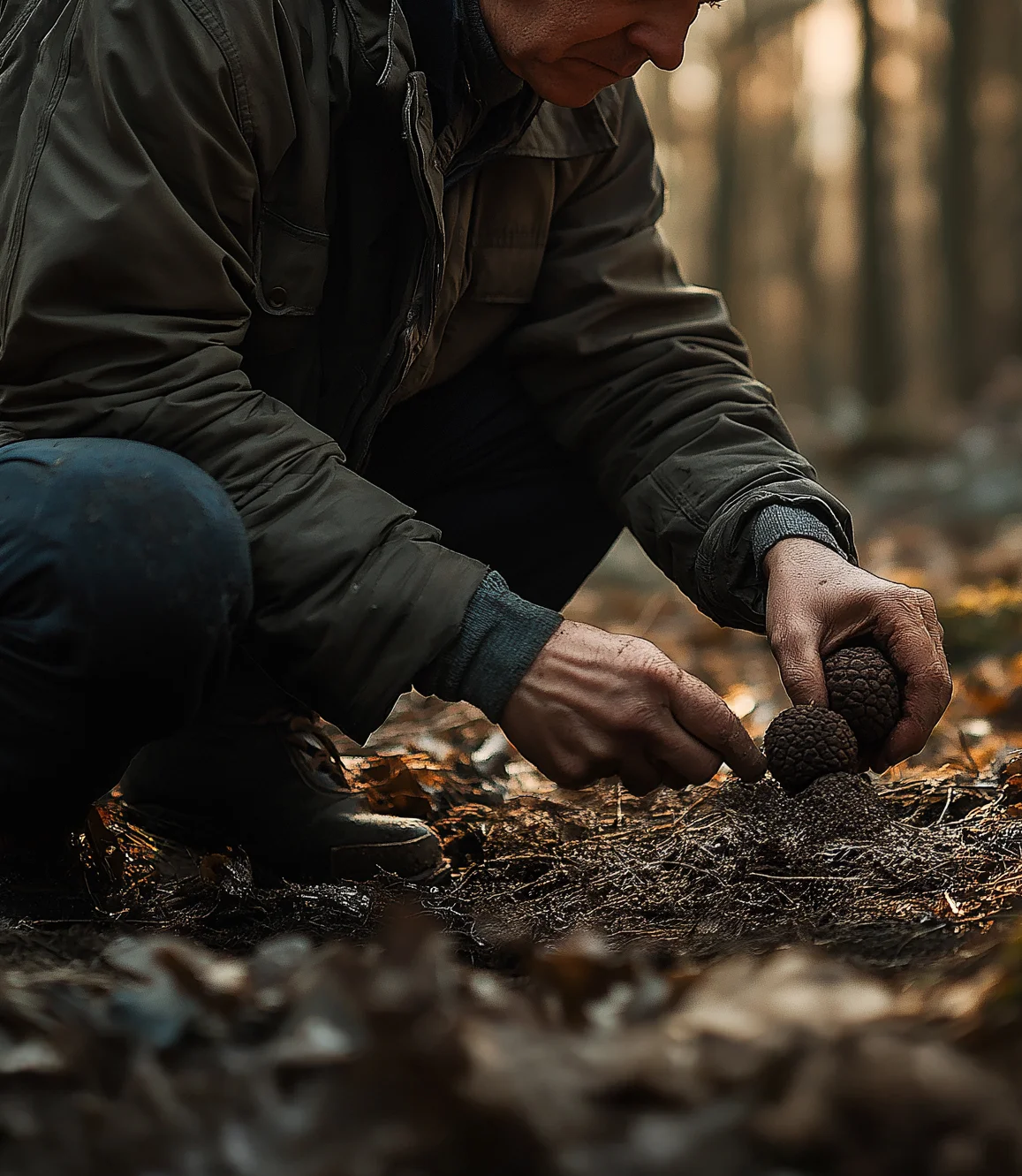 Dettaglio di un cercatore che estrae con cura un tartufo dal terreno nel bosco, focus sulle mani e sul momento del ritrovamento.