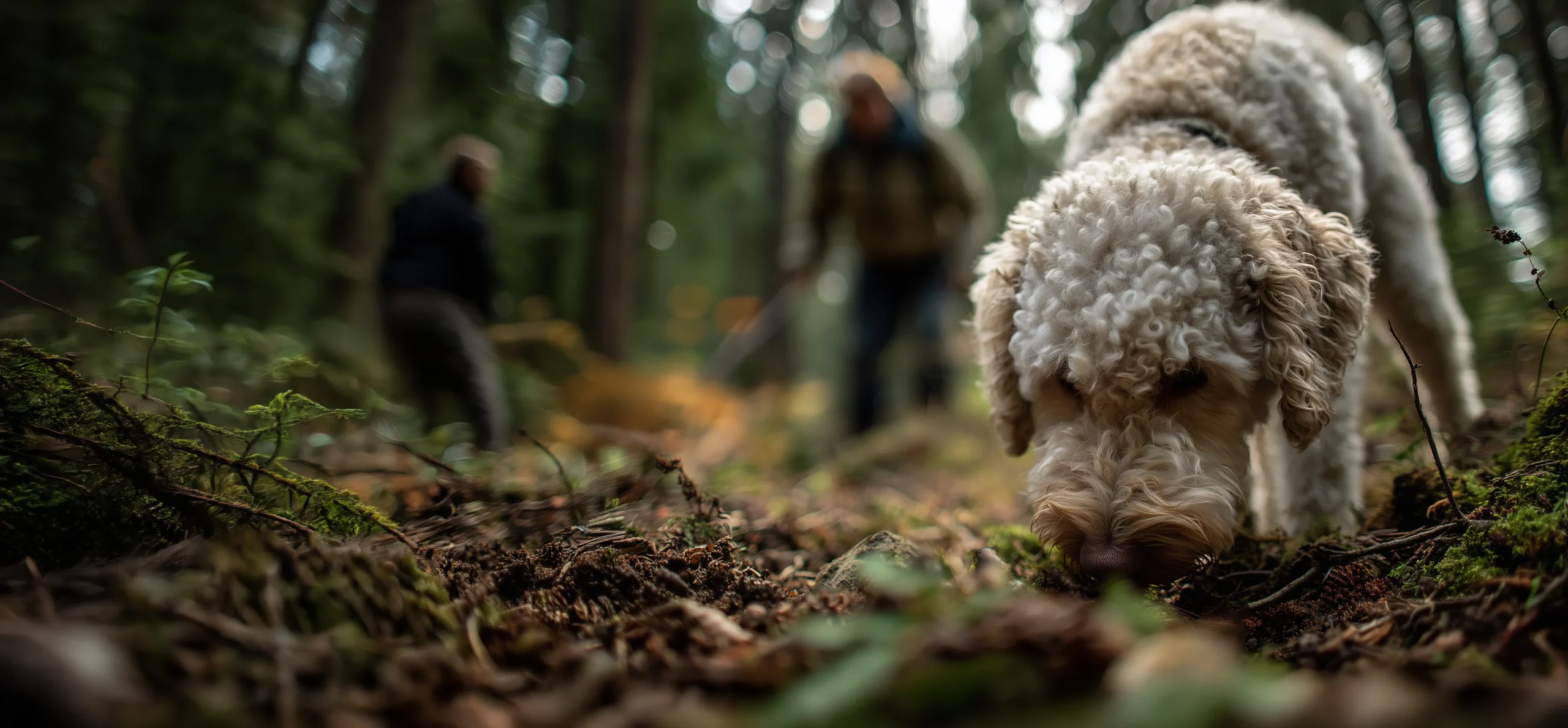 Dettaglio di un cane da tartufo mentre annusa con concentrazione il terreno nel bosco durante la cerca del tartufo fresco