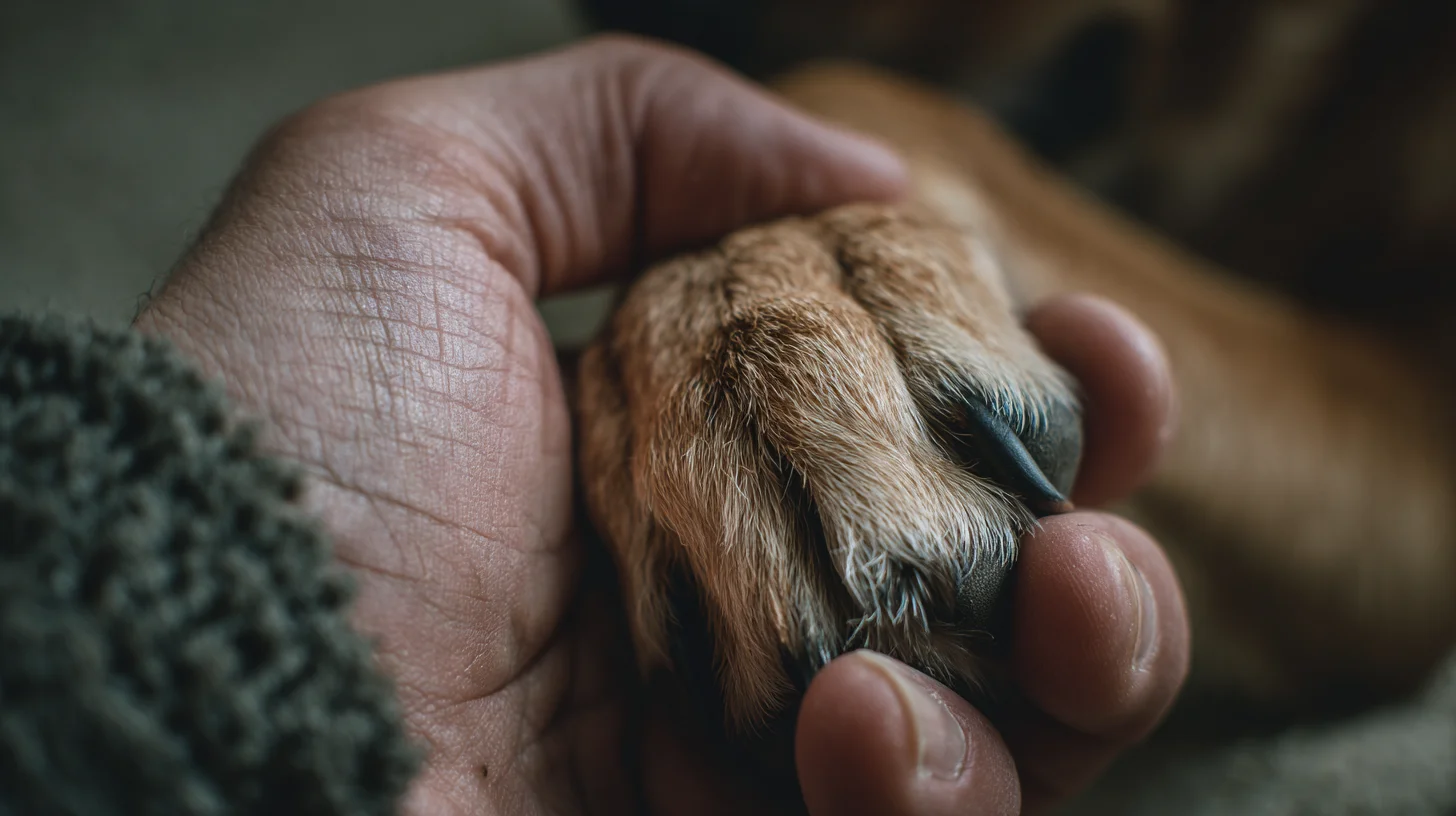 Mano che stringe una zampa canina, rappresentazione della cultura di rispetto e responsabilità verso i compagni di vita a quattro zampe.