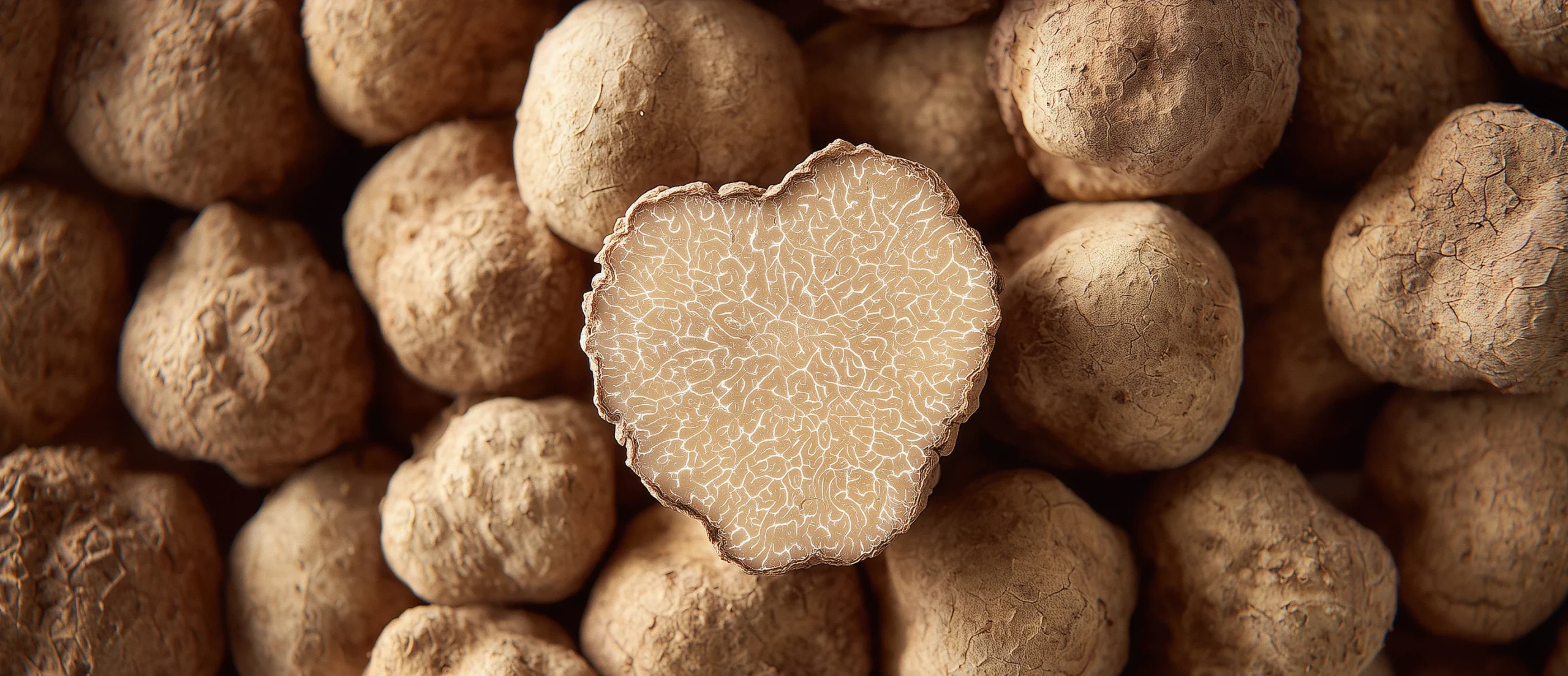 Il cuore della nostra passione Dettaglio di tartufi bianchi freschi: il cuore del tartufo in primo piano mostra la perfezione della venatura interna.