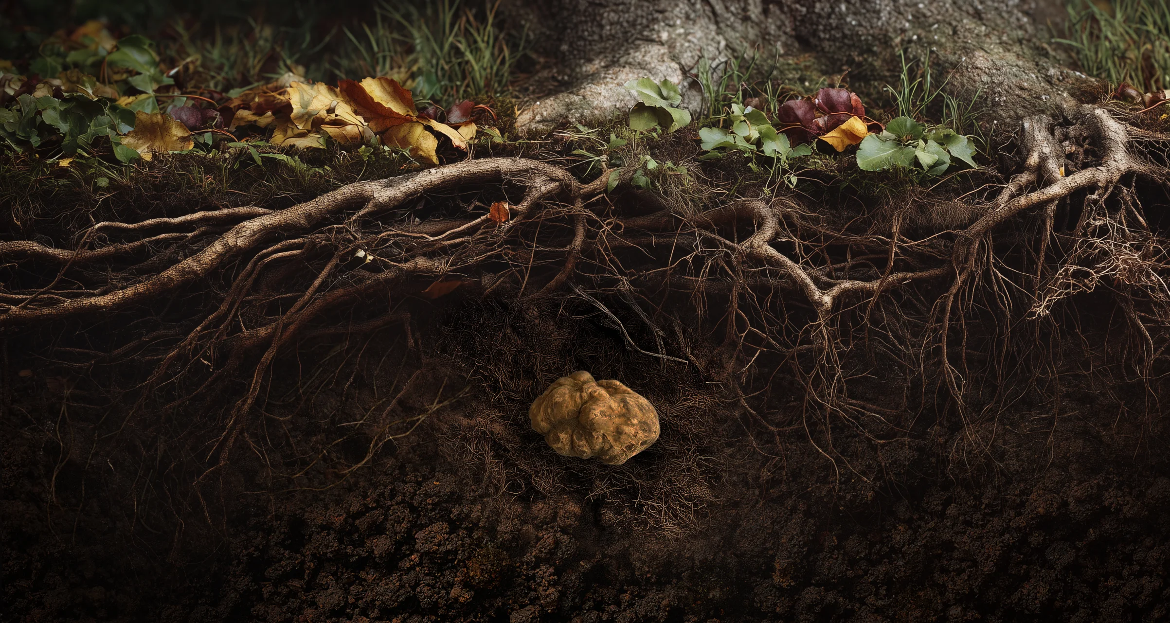 Il segreto del sottosuolo Uno sguardo nascosto nel sottosuolo: un tartufo bianco rivelato nel suo habitat naturale mentre tra le radici dell'albero.